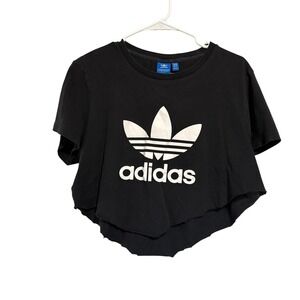 Adidas Originals Trefoil Logo Cropped T-Shirt Black White Raw Hem Womens Medium